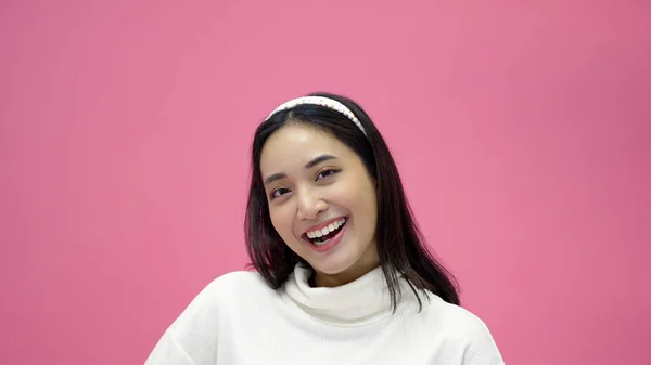 Happy Young Woman Asian Smiling Having Good Time Laughing Looking — Fotografia de Stock
