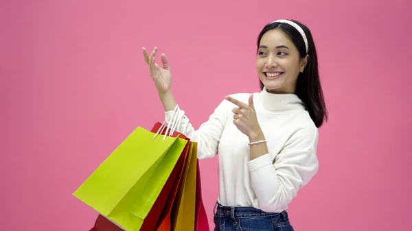 Happy Young Woman Smiling Hold Shopping Bags Credit Card While — ストック写真