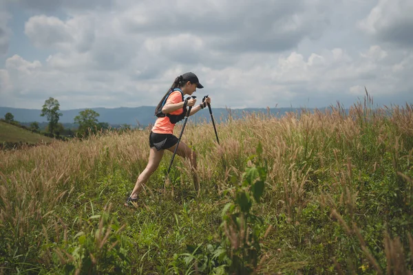 Young Women Active Trail Running Meadow Grassy Trail High Mountains — ストック写真