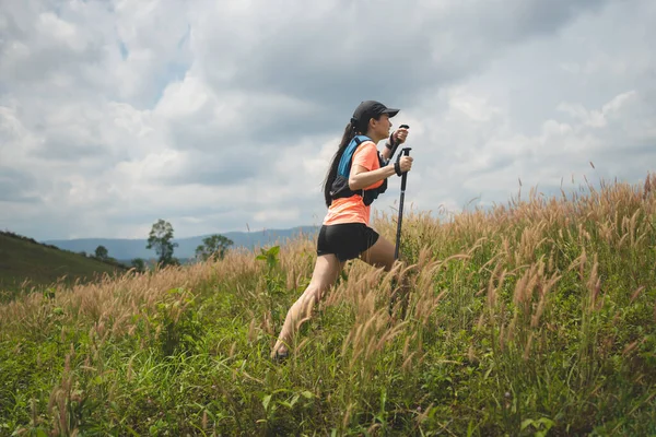 Young women active trail running across a meadow on a grassy trail high in the mountains in the afternoon with trekking pole