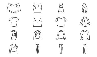 Womens clothes icons set line black. Womens wear illustration. Flat outline sign. Shop online concept. Females item of clothing. Apparel store symbol. Isolated on white