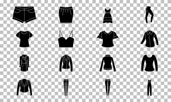 Womens wear icons set solid black. Womens clothes illustration. Flat outline sign. Shop online concept. Females item of clothing. Apparel store symbol. Isolated on transparent