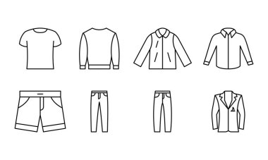 Mens clothing outline template icon. Basic clothing men set icons. Collection of wear. Male clothes...... Front view clothin on white.. For Illustration, logo, app, web design, dev, ui