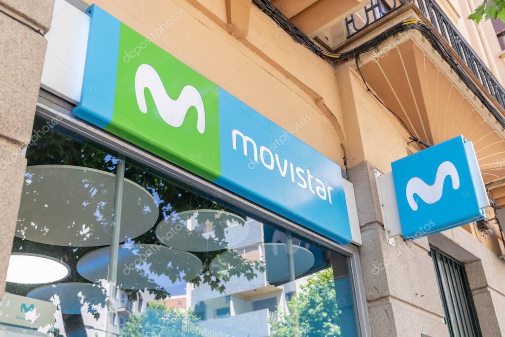 Zamora, Espaa - 27 de Junio de 2022 -Signs on a facade of a physical establishment of the Movistar brand telecommunications company