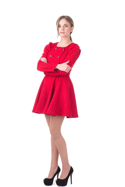 Gyönyörű modell, pózol, piros ruhás — Stock Fotó