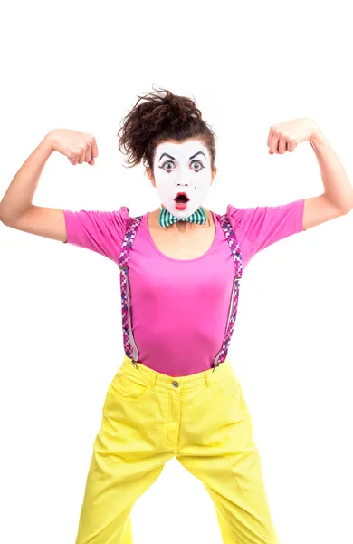 Girl clown doing exercises — Stock Photo, Image