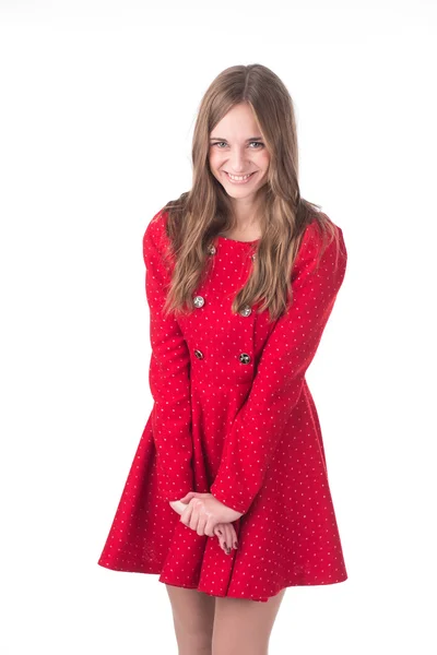 Vacker modell som poserar i röd klänning — Stockfoto