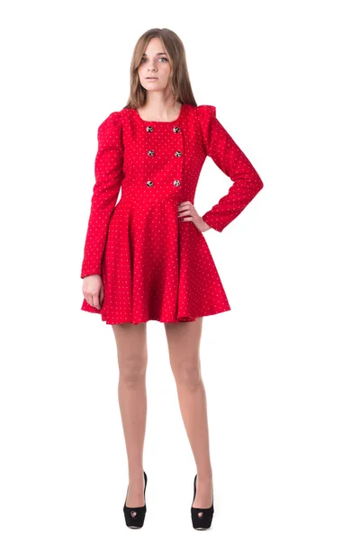 赤いドレスでポーズ美しいモデル — ストック写真