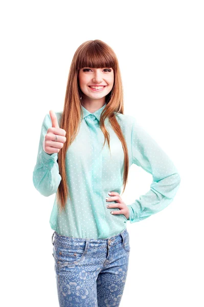 Girl shows thumb up — Stock Photo, Image
