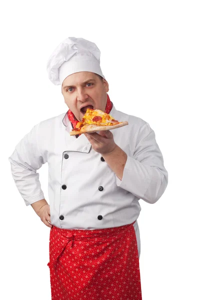 Chef-kok eten van pizza — Stockfoto