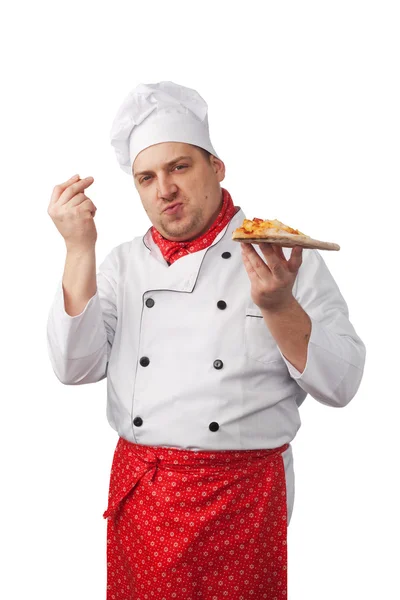 Chef-kok met pizza — Stockfoto