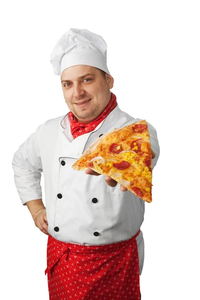 Chef alegre com pizza — Fotografia de Stock