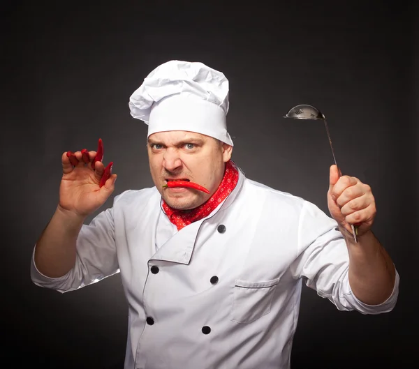 Chef with peppers and ladle — Stock Photo, Image