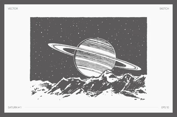 High Detail Illustration Cosmic Landscape Space Sketch Planet Saturn Mountains — Stock Vector