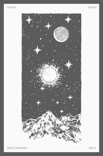 High Detail Illustration Space Landscape Cosmos Hand Drawn Sketch Vector — Stock Vector