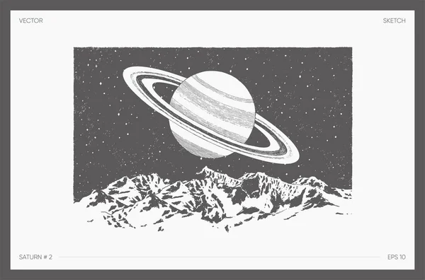 宇宙の風景 宇宙のスケッチの高詳細イラスト 山と惑星土星 ベクターイラスト — ストックベクタ