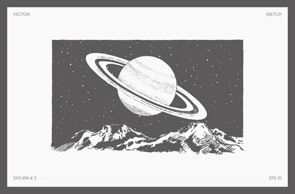 Illustration Détaillée Paysage Cosmique Esquisse Spatiale Planète Saturne Avec Montagnes — Image vectorielle