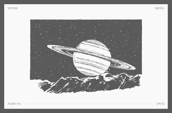 Illustration Détaillée Paysage Cosmique Esquisse Spatiale Planète Saturne Avec Montagnes — Image vectorielle