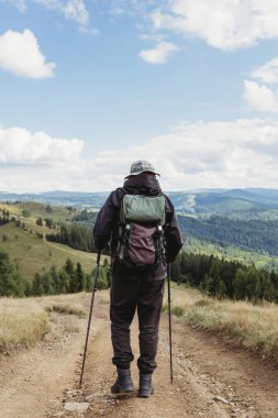 Sırt çantası ve yürüyüş direkleri ile dağlarda yürüyen dağcı genç adamın arka görüntüsü