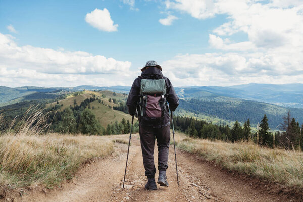 Back View Hiker Young Man Backpack Trekking Poles Walking Mountains — Stock Photo, Image