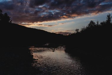 Gün batımında ağaçların arasından akan dağ nehri