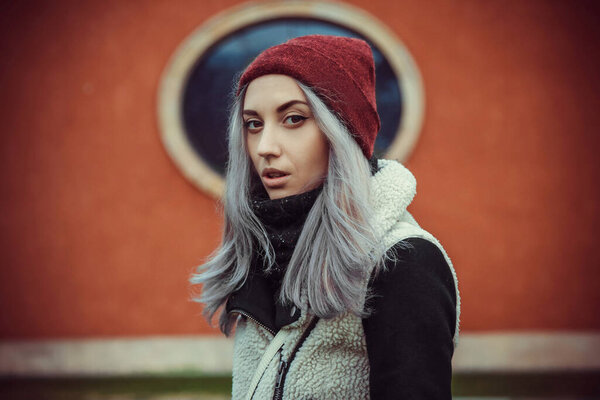 Close Portrait Beautiful Hipster Young Woman Wearing Jacket Beanie Hat Royalty Free Stock Images