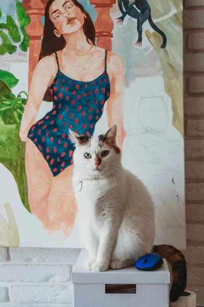 Cat sitting in front of painting at the artist studio