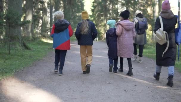 Вид Сзади Замедленная Съемка Дети Матерями Прогулке Осеннем Парке России — стоковое видео