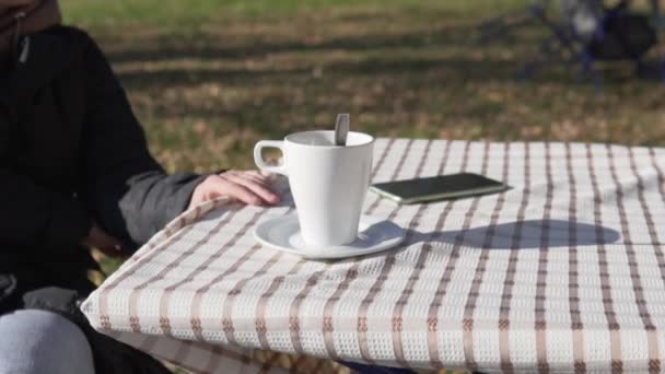 Gros plan d'une main de femme sur une nappe avec une tasse de thé et un téléphone dans un parc d'automne — Video