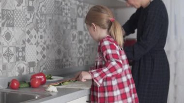 Küçük bir kız ve annesi evde kırmızı balıkla sebzeli börek pişiriyor..