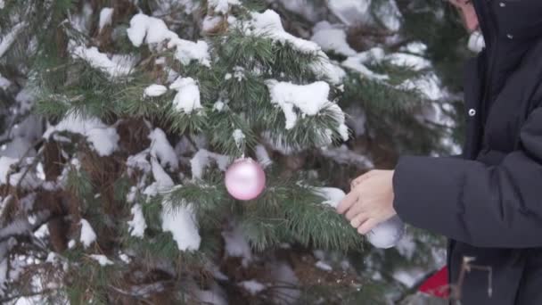 A woman is hand broadcasts a silver ball on a snow-covered Christmas tree in a forest in winter in Russia. — 图库视频影像