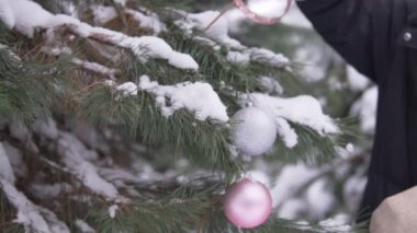 Close-up, a woman decorates a Christmas tree with toys in the forest before the holiday