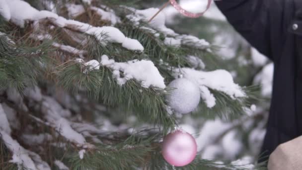 Primer plano, una mujer decora un árbol de Navidad con juguetes en el bosque antes de las vacaciones — Vídeo de stock