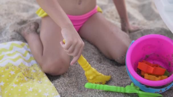 Child Plays Sand Beach Summer — Stock Video