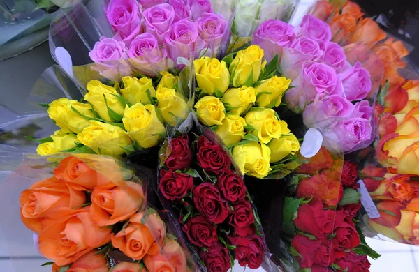 Барвисті Букети Троянд Крупним Планом Червоні Рожеві Жовті Помаранчеві Троянди — стокове фото