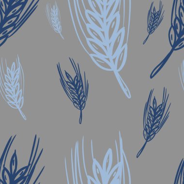 Gri arka planda koyu mavi ve açık mavi buğday bitkilerine sahip kusursuz desenler. Geleneksel baskı, fırın tasarımı, ambalaj kağıdı