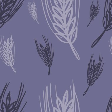 Kahverengi arka planda buğday bitkileriyle kusursuz desen mavi tonlama geleneksel baskı, fırın tasarımı, ambalaj duvar kağıdı
