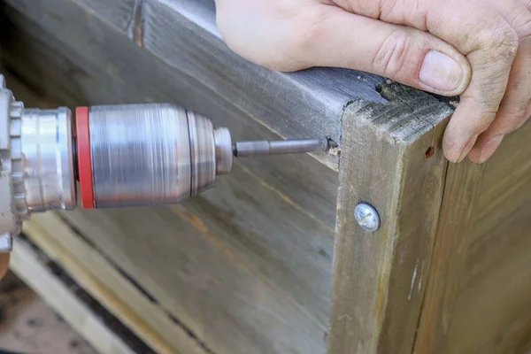Drilling Tool Man Hands Working Close Drilling Hole Wooden Plank — 스톡 사진
