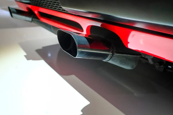 Chrome Plated Exhaust Pipe Close Red Sportscar Car Close Car — Stock Photo, Image