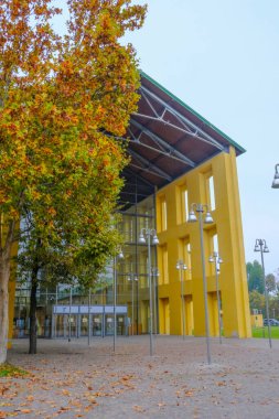 October 2021 Parma, Italy: Auditorium Paganini, Filarmonica Toscanini on sunny day across blue sky