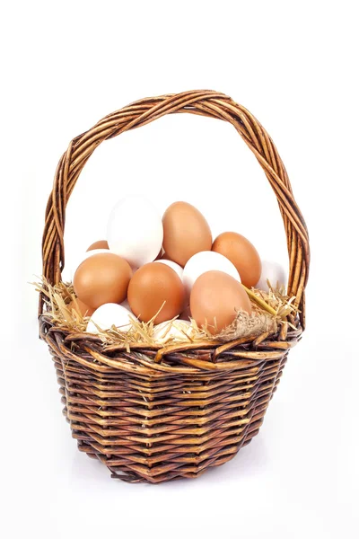 Jajko brązowy i biały - samodzielnie - w koszyku. Obrazek Stockowy