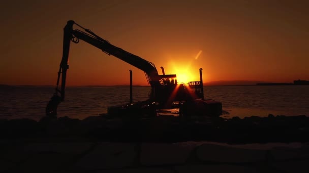 Excavadora trabajando en la puesta del sol . — Vídeo de stock