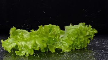 Marul ağır çekimde ıslak siyah bir bardağa düşüyor..