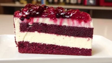 Bir parça lezzetli vişneli kek. Çok güzel kesilmiş vişneli turta, vişne ve reçelle kaplı, arasında da harika bir krema var..
