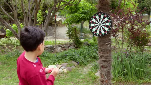 Dárdajáték Kertben Fiatal Fiú Játszik Dart Játék Kertben — Stock videók