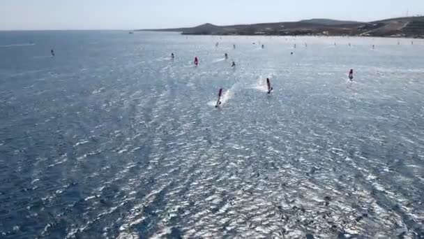 Wind Surfers Action Aerial View Speeding Windsurfers Silhouettes Windsurfers Magnificent — Vídeo de Stock
