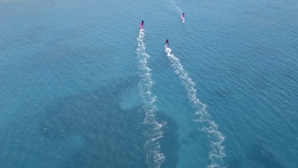 Wind Surfers Action Aerial View Speeding Windsurfers Silhouettes Windsurfers Magnificent — Wideo stockowe