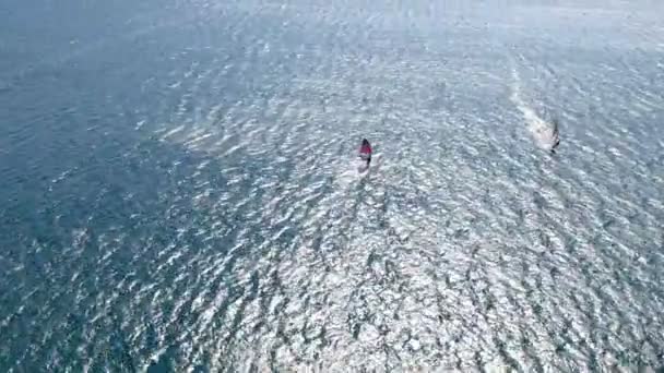 Wind Surfers Action Aerial View Speeding Windsurfers Silhouettes Windsurfers Magnificent — Vídeo de stock