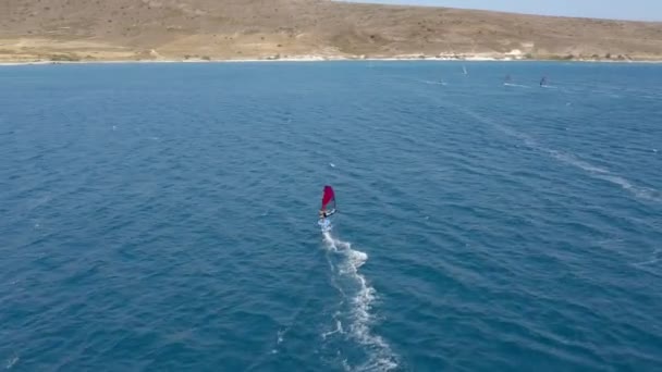 Wind Surfers Action Aerial View Speeding Windsurfers Silhouettes Windsurfers Magnificent — Vídeos de Stock