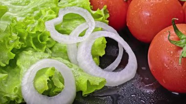 Marul, domates ve soğandan yapılmış taze ve lezzetli bir salata. Kamera yankılanır ve güzel bir manzarada durur..
